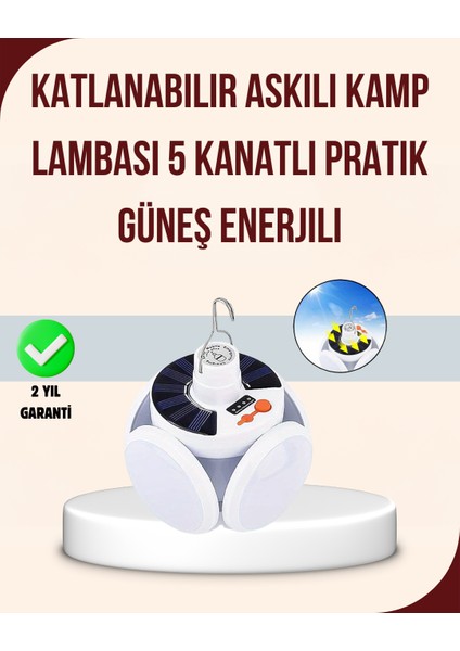 Lvsqvr Güneş Enerjili USB Şarj Edilebilir 5 Modlu Katlanabilir LED Kamp Işığı