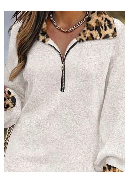 Kadın Uzun Kollu Yakalı Önden Fermuarlı Leopar Detaylı Mini Peluş Elbise fiyatları