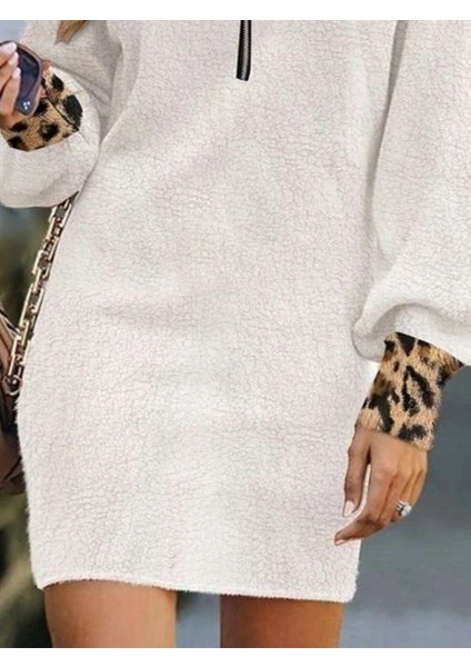Kadın Uzun Kollu Yakalı Önden Fermuarlı Leopar Detaylı Mini Peluş Elbise modelleri