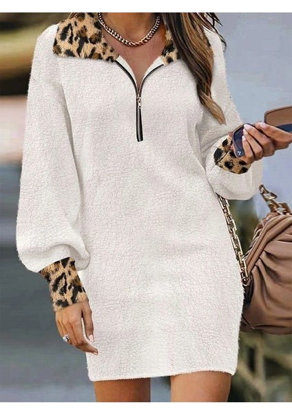 Kadın Uzun Kollu Yakalı Önden Fermuarlı Leopar Detaylı Mini Peluş Elbise fırsatları