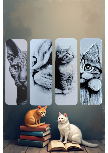 Sevimli Kedi Figürlü Kitap Ayracı 4'lü Set | Gerçekçi Detaylı Kabartma Dokulu Hayvan Severlere Özel