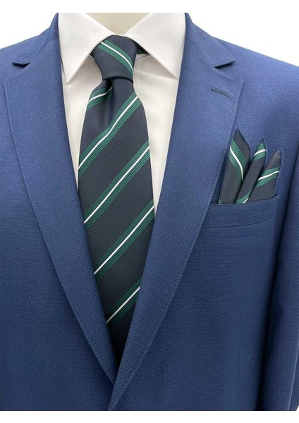 7.5 cm Lacivert Yeşil Beyaz Çizgili Kravat Mendil Set