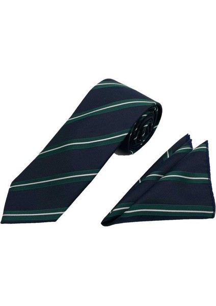 7.5 cm Lacivert Yeşil Beyaz Çizgili Kravat Mendil Set fiyatları