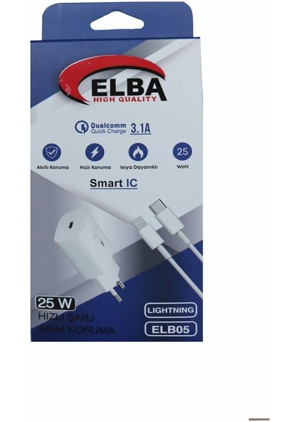 ELB05-PD-25WIOS Beyaz 25W Usb-C Ev Şarj Kafa+1mt Type-C To Lightnıng Kablo Pd3.0-Qc4.0 Hızlı Ş