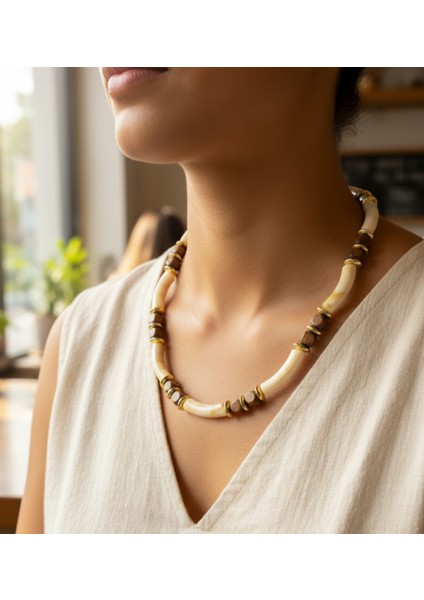 Bohem Ahşap Boncuk Silindir Kolye Etnik Çelik Detaylı Kararmaz Statement Takı