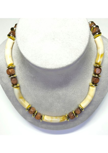 Bohem Ahşap Boncuk Silindir Kolye Etnik Çelik Detaylı Kararmaz Statement Takı fiyatları