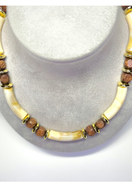 Bohem Ahşap Boncuk Silindir Kolye Etnik Çelik Detaylı Kararmaz Statement Takı modelleri