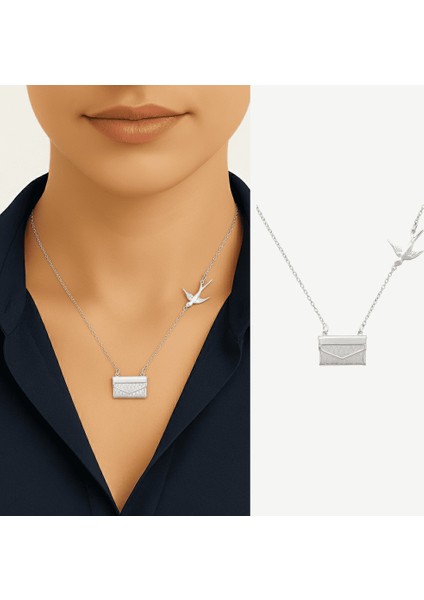 Kadın Çelik Kolye - Posta Güvercini Detaylı - Forse Zincirli - Isme Özel Yazılı - Gümüş Renk fiyatları