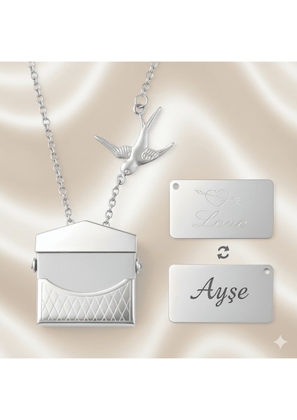 Kadın Çelik Kolye - Posta Güvercini Detaylı - Forse Zincirli - Isme Özel Yazılı - Gümüş Renk fırsatları