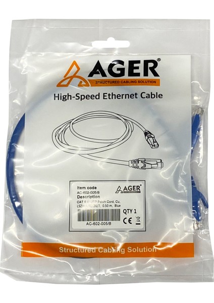 Ager AC-602-005 50CM Utp Cat6 Patch Kablo Mavi Cu, Lszh Awg 26/7