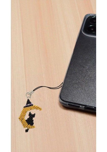 Miyuki Boncuk El Yapımı Ayda Oturan Kedi Telefon Çarmı - Charm