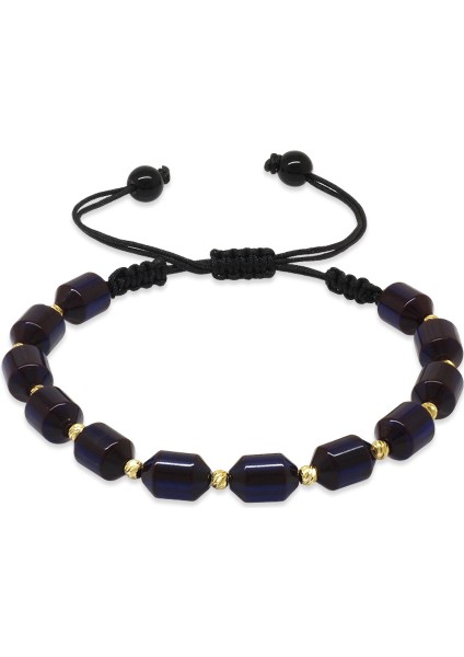 Makrome Örgülü Sarı Dorika Top Süslemeli Koyu Lacivert Sıkma Kehribar Kadın Bileklik