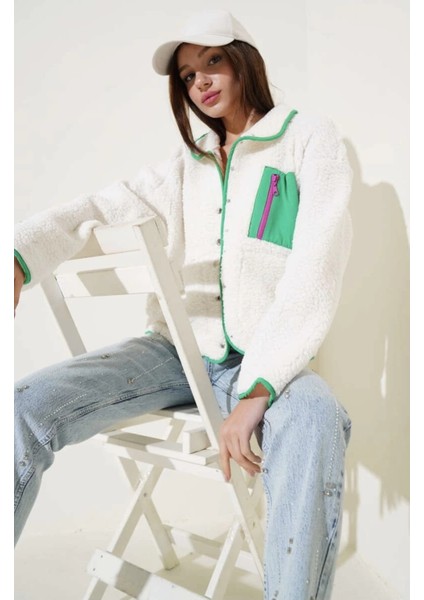 Lvsqvr Yeşil Fermuar Cepli Kuzu Mont Beyaz T1085 (Beden: L)