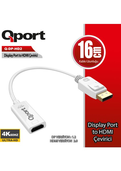 Qport Q-Dp-Hd2 Dısplay To HDMI 4K Çevirici Adaptör