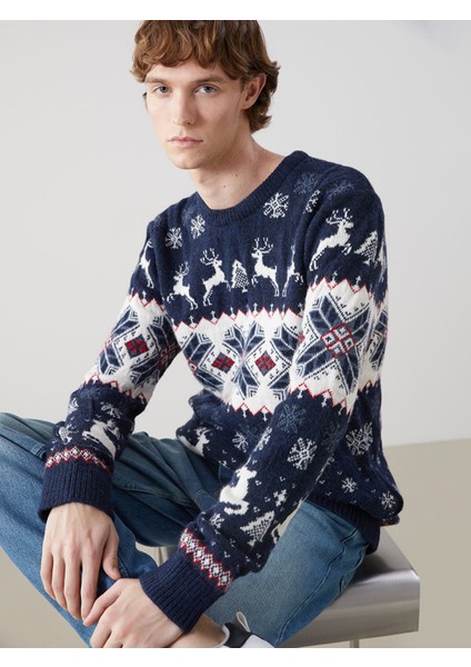 Yeni Sezon Bisiklet Yaka Uzun Kollu Yılbaşı Temalı Erkek Triko Kazak