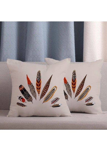 2 Li Kombin Krem Zemin Şans Tüyü Desenli Dijital Baskılı Kırlent Kılıfı