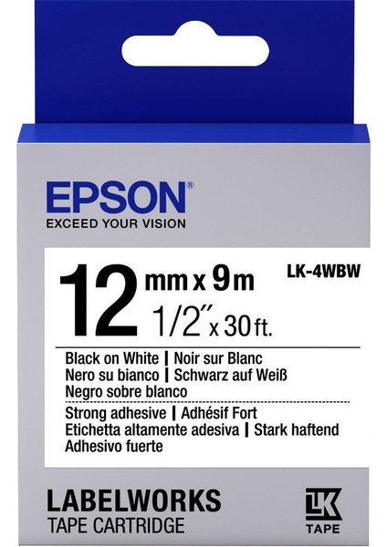 LK-4WBW Güçlü Yapışkanlı Beyaz Üzeri Siyah 12MM 9metre Etiket