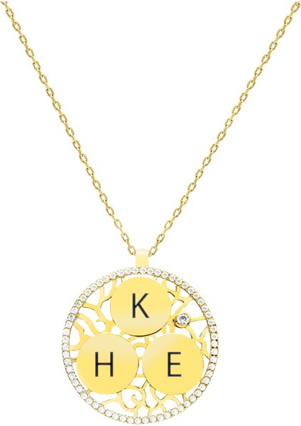 Zirkon Taşlı Altın Renk Kişiye Özel Üç Isim Veya Harf Yazılı 925 Ayar Gümüş Kadın Kolye