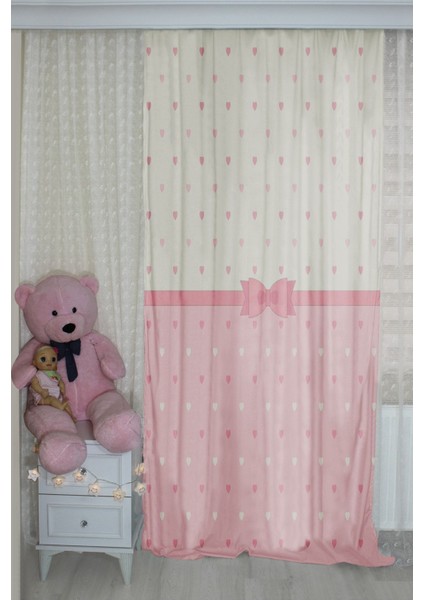 Pembe Kalpli Fiyonklu Çift Kanatlı Çocuk Odası Fon Perde