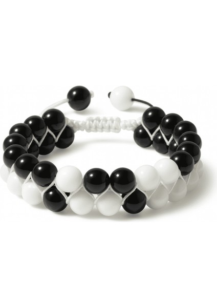 Çift Sıra Makrome Örgülü Küre Kesim Siyah Beyaz Jade Oniks Doğaltaş Kadın Taraftar Bileklik