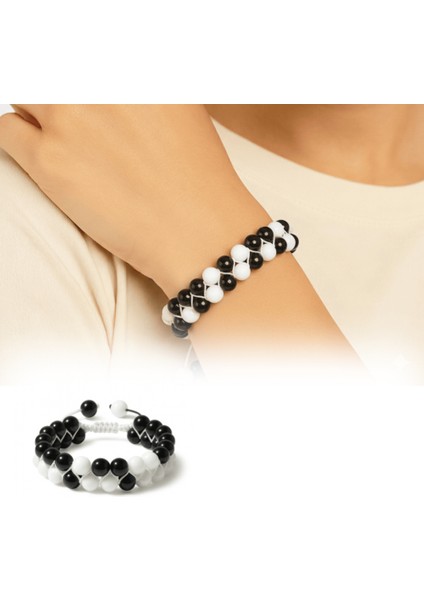 Çift Sıra Makrome Örgülü Küre Kesim Siyah Beyaz Jade Oniks Doğaltaş Kadın Taraftar Bileklik fiyatları