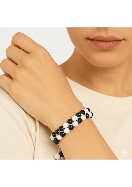 Çift Sıra Makrome Örgülü Küre Kesim Siyah Beyaz Jade Oniks Doğaltaş Kadın Taraftar Bileklik modelleri