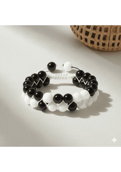 Çift Sıra Makrome Örgülü Küre Kesim Siyah Beyaz Jade Oniks Doğaltaş Kadın Taraftar Bileklik fırsatları