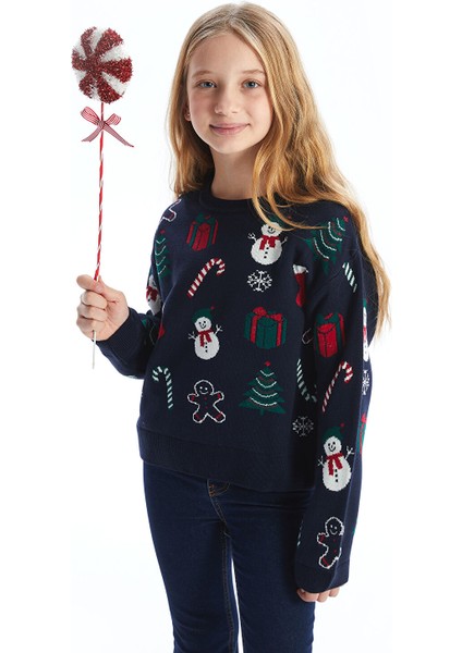 Yeni Sezon Bisiklet Yaka Yılbaşı Temalı Kız Çocuk Triko Kazak