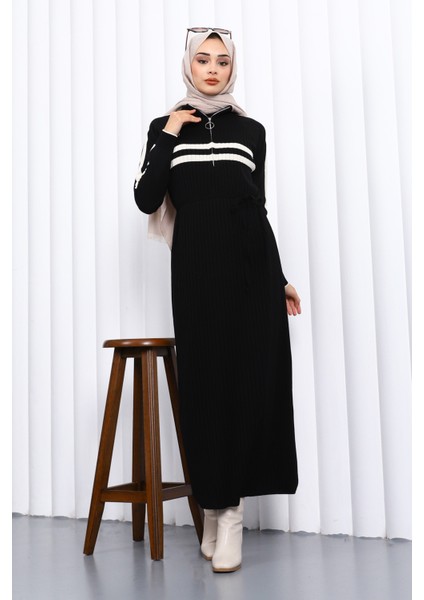 Siyah Yaka Fermuarlı Fitilli Çizgili Triko Elbise fiyatları