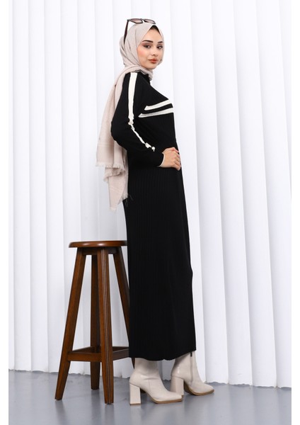 Siyah Yaka Fermuarlı Fitilli Çizgili Triko Elbise modelleri