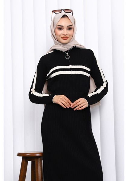Siyah Yaka Fermuarlı Fitilli Çizgili Triko Elbise fırsatları