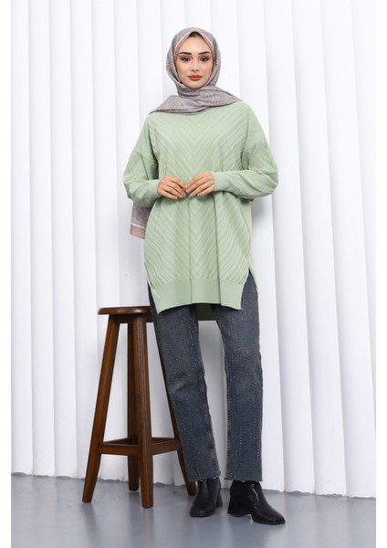 Mint Yeşili Bisiklet Yaka Soğuk İplik Triko Tunik fiyatları