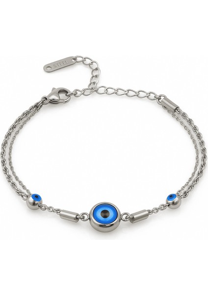 Kadın Çelik Bileklik - Forsa Burma Zincirli - Nazar Boncuğu Süslemeli - Gümüş Renk