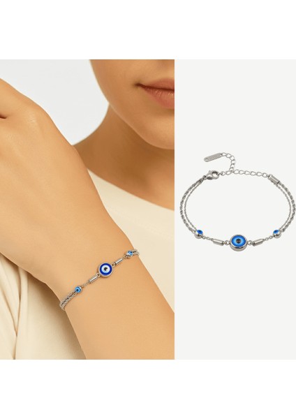 Kadın Çelik Bileklik - Forsa Burma Zincirli - Nazar Boncuğu Süslemeli - Gümüş Renk fiyatları