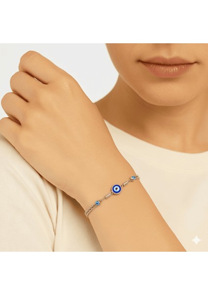 Kadın Çelik Bileklik - Forsa Burma Zincirli - Nazar Boncuğu Süslemeli - Gümüş Renk modelleri