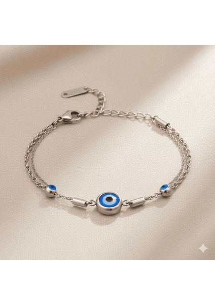 Kadın Çelik Bileklik - Forsa Burma Zincirli - Nazar Boncuğu Süslemeli - Gümüş Renk fırsatları