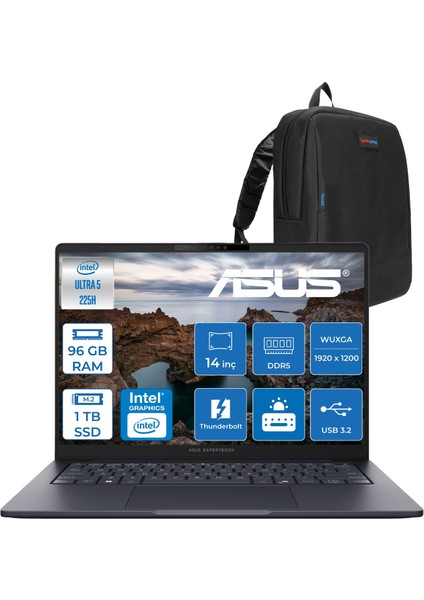 Expertbook B5 B5405CCA Intel® Core™ Ultra 5 225H 96GB Ddr5 1tb SSD 14.0-Inch, Wuxga (1920 x 1200) 300NITS Freedos Taşınabilir Bilgisayar U516512B0DF33+ZETTAÇANTA