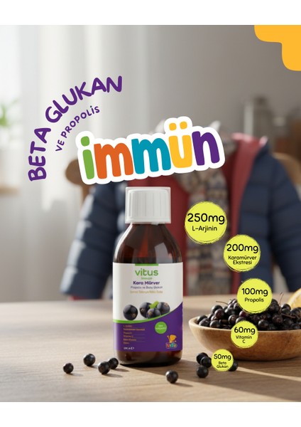 Vitus Immün Kids Kara Mürver Propolis Beta Glukan L-Arjinin Içeren Takviye Edici Gıda Şurup 150 ml