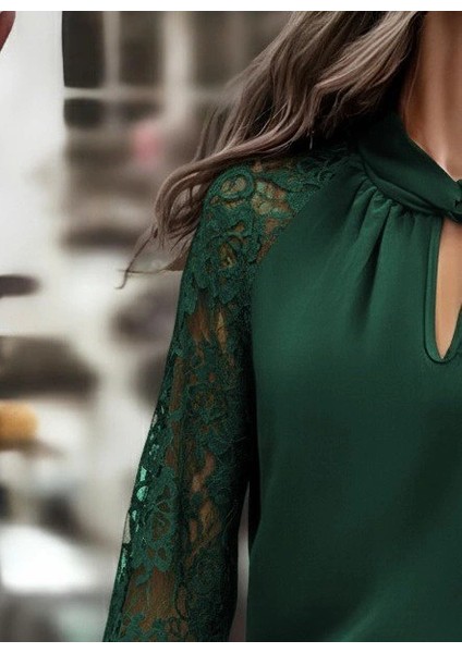 Kadın Uzun Kollu Yaka Düğme Detay Güpürlü Kol Krep Bluz modelleri