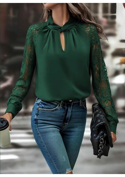 Kadın Uzun Kollu Yaka Düğme Detay Güpürlü Kol Krep Bluz fırsatları