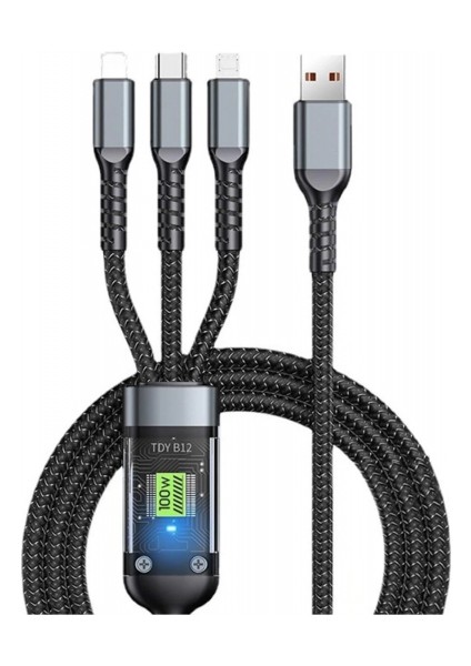 3in1 100W Hızlı Şarj ve Data Kablosu, 1.2m Halat Örgü Kırılmaz Uç, Usb-C Lightning Micro Uyumlu, Dayanıklı Çoklu Cihaz Şarj Kablosu