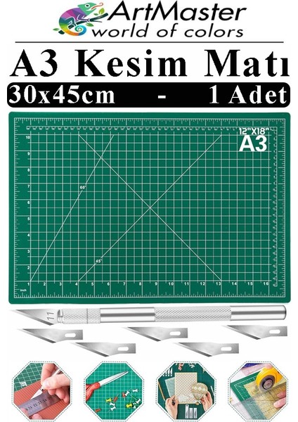 A3 Kesim Matı ve Kretuar Seti 1 Adet 30X45 cm Çift Taraflı Çizim Matı Kesim Tablası Kesim Altlığı Kesme Madı Proje