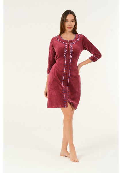 Lacivert Kısa Kollu Nakış Detaylı Kadife Pamuklu Elbise fiyatları