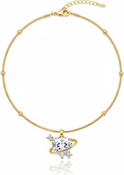 Çelik Zirkon Kalpli Gezegen Kolye Altın Rengi Kararmaz Sevimli Kadın Takı