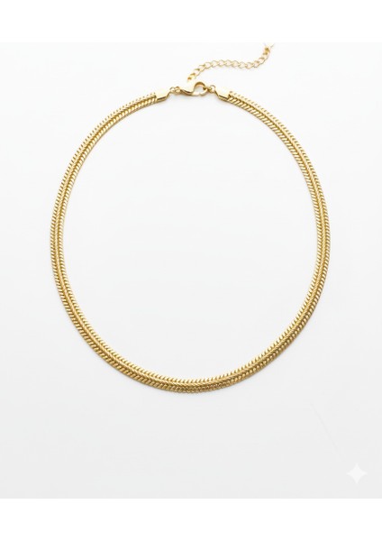 Çelik Çift Sıra Yılan Zincir Kolye Kalın Kararmaz Altın Rengi Choker Kadın Takı