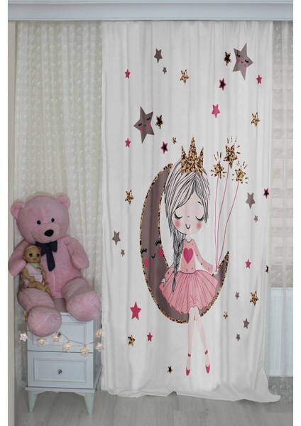 Sevimli Ay Kız Çift Kanatlı Çocuk Odası Fon Perde