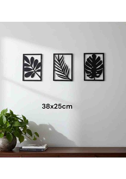 Siyah Mdf Yaprak Duvar Dekoru (3'lü Set Dekoratif Pano