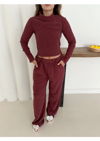 Balıkçı Yaka Örme Takım Bordo ST265865