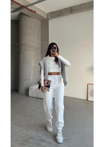 3 Iplik Şardonlu Paça Lastikli Eşofman Beyaz IS001