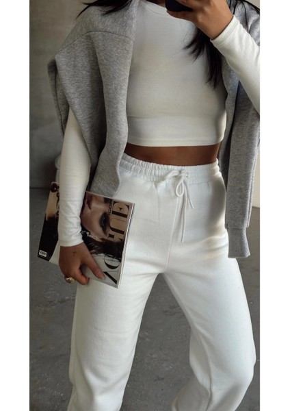 3 Iplik Şardonlu Paça Lastikli Eşofman Beyaz IS001